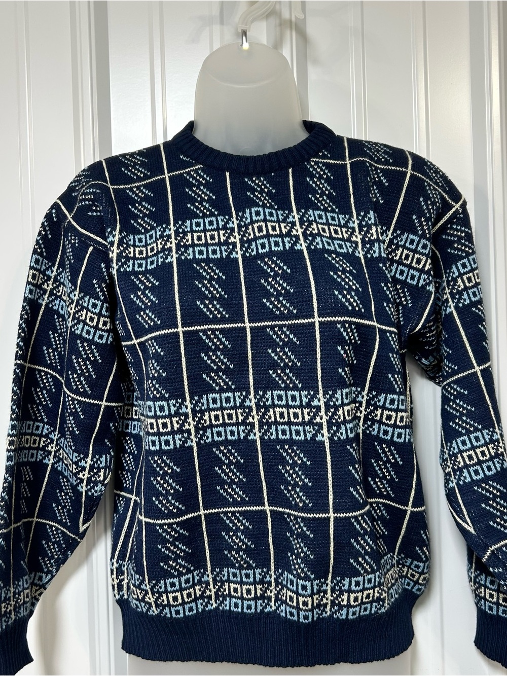 Vintage 1980s Crewneck Acrylic Knit Sweater Geometric Pattern Made In Romania